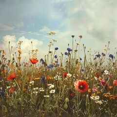 Realistic Floral Collection: Vibrant Blooms Including Pink Roses, Lavender Fields, Sunflowers, Daisies, Red Tulips, Cherry Blossoms, Orchids, Poppies, and More, Captured with a Vintage Photo Aesthetic