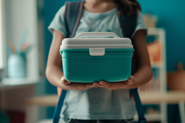 Child holding a blue lunchbox, back to school, childhood essentials, school supplies, education, young student, classroom environment, learning tools, bright and cheerful, preparation for school day