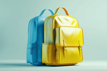 Yellow and blue backpack on a light background, modern school accessory, vibrant design, back to school, stylish and functional, isolated object, education theme, high-quality image