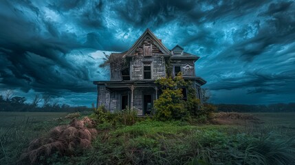 A creepy old house with a lot of weeds growing around it