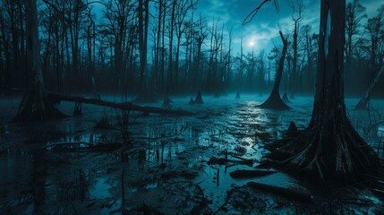 Obraz premium A dark forest with a moon in the sky