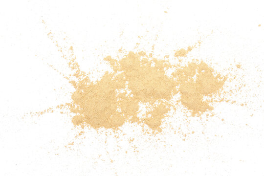 Black maca organic powder scattered isolated on white, top view