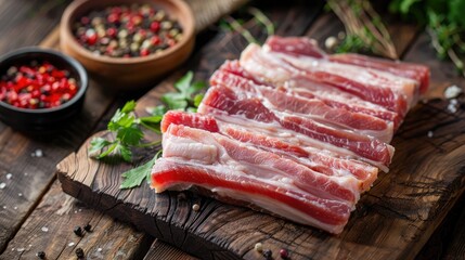 Fototapeta premium Uncooked pork belly slices for Chinese New Year cooking on wooden table