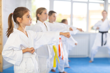 Little children in kimono standing in fight stance during group karate training © JackF