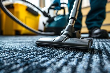 Closeup of a vacuum cleaner and worker cleaning a textured carpet