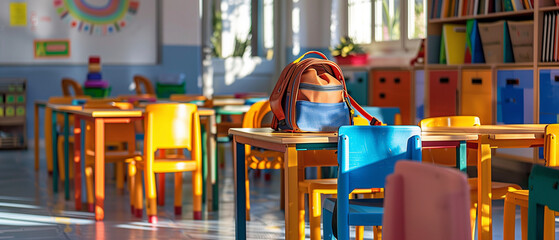 Classrroom without children in morning sunlight. Backpack on the table
