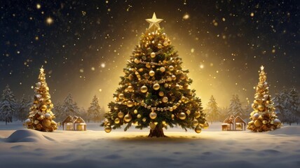 Obraz premium A Christmas tree decorated with golden ornaments and twinkling lights