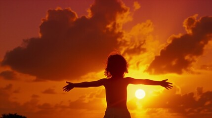 Fototapeta premium silhouette of a child with open arms at sunset capturing warm vibrant sky