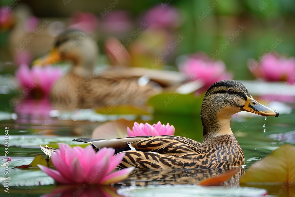 Poster Beautifully detailed duck floats peacefully among vibrant water lilies in a tranquil pond