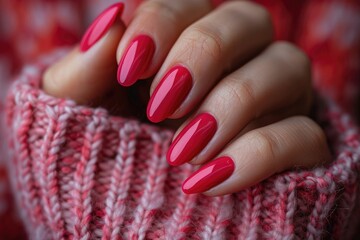 A Closeup of a Hand with Glossy Red Nails Resting on a Pink and White Knitted Fabric
