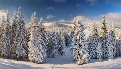 winter atmosphere with trees covered with layers of ice and snow. generative ai