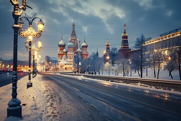 Obraz premium St. basil's cathedral and red square at dusk in winter. Generative AI