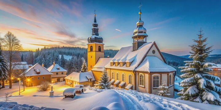 Seiffen Church in Christmas Village Ore Mountains in Saxony Germany at wintertime, Seiffen, church, Christmas village