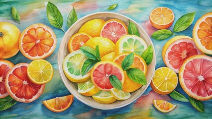 Watercolor painting of a citrus fruit salad with oranges, lemons, and grapefruit , watercolor, painting, fruit salad