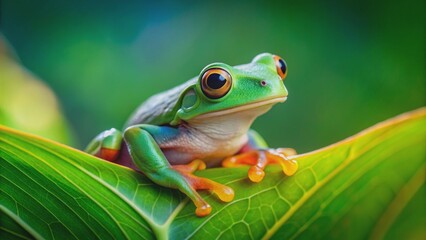 Fototapeta premium Green frog sitting on a vibrant leaf , frog, nature, wildlife, amphibian, green, leaf, sitting, outdoor, environment, tropical