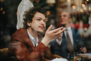 Young business professionals engaged in a discussion during a meeting at a cafe. The image captures a moment of focus and concentration.