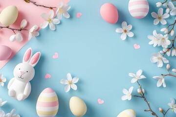 Pastel easter arrangement with eggs, rabbit, and spring blossoms on a blue backdrop