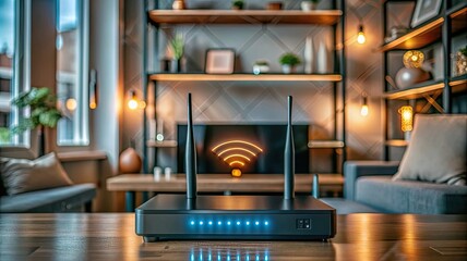 Wi-Fi  concept modern smart home interior with modern Wi-Fi router as the focal point. Connected Lifestyle: Modern Smart Home Interior with Advanced Wi-Fi Router