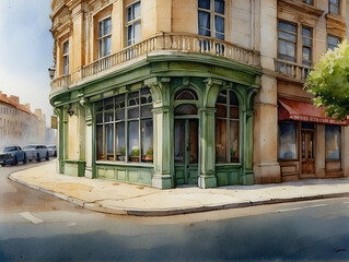 Watercolor painting of a street corner