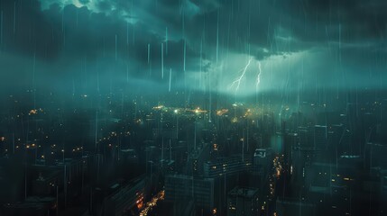 Obraz premium A dramatic shot of lightning illuminating a rain-soaked city