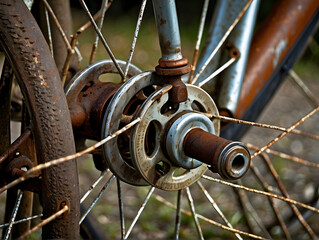 Close-up of rusty bicycle wheel hub