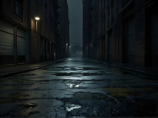 Fototapeta premium Deserted urban alleyway at night with puddles