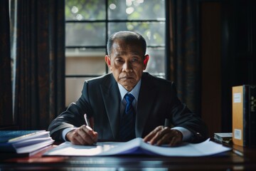 Experienced male executive reviews documents in a wellappointed office