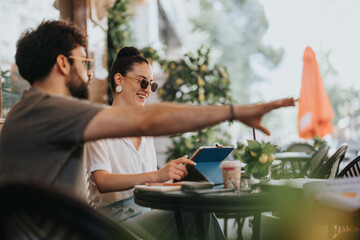 A business meeting taking place in a coffee shop, where colleagues discuss project ideas and use digital devices.