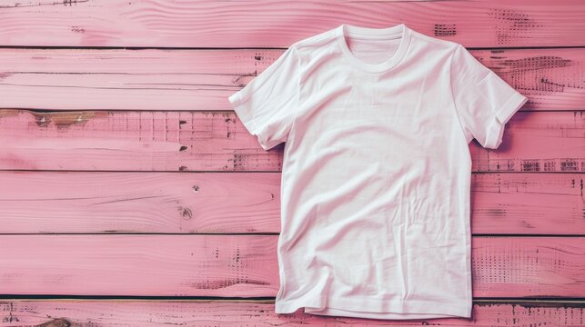 Pink wooden background mockup of white unisex cotton t shirt