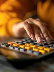 A close-up of a woman's hand using a calculator on a desk, with ample copy space around