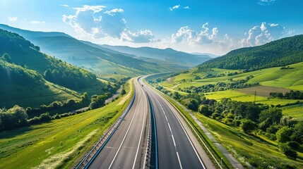 Naklejka premium Highway in the countryside, rolling hills, light traffic, peaceful drive