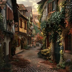 Fototapeta premium A high-quality stock image of a charming street in a European village. The image captures the picturesque architecture and cobblestone path. AI generation.