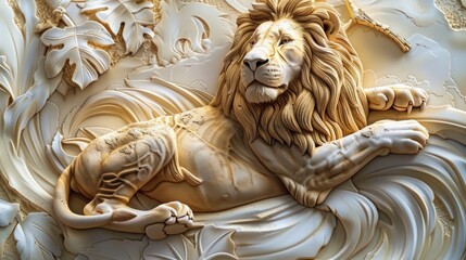 Stunning 3d relief wallpaper featuring a majestic lion. Mural art for walls.