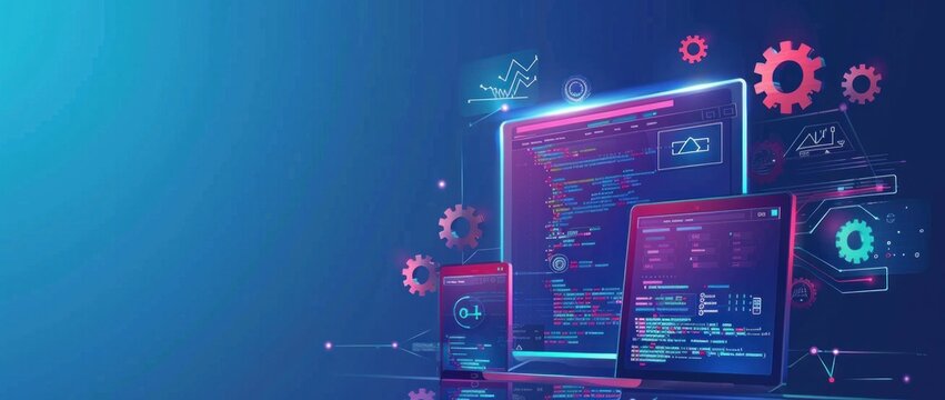 Coding symbols on laptop, tablet, and computer screen for technology and business professionals working remotely