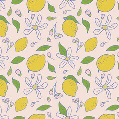Lemon seamless Pattern with yellow lemons and pink flowers. Background with delicate buds and light green leaves with fresh citrus fruits. Vector image for fabric or background.