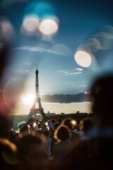 People Watching Eiffel Tower at Paris 2024 Olympic Games Opening Ceremony blurred and bokeh shoot