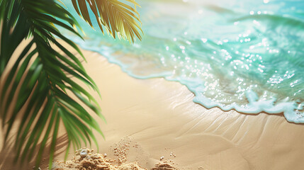 Beautiful summer background with sandy beach and palm leaves