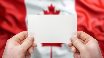 Obraz premium Hands Holding Blank White Card Against Blurred Canadian Flag Background, Copy Space For Your Message