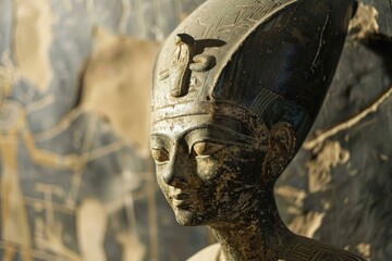 Closeup of an egyptian pharaoh statue with hieroglyphics in soft background light