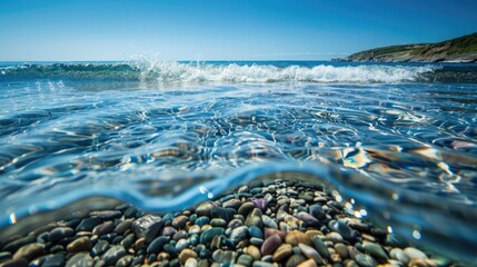 Scenic view of empty pebble beach with clear water and approaching wave