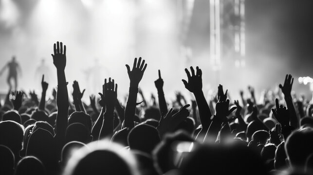 Black and white photo of a crowd cheering at a concert
