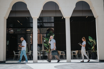 Three business professionals walking outside a modern building while engaging with digital devices, showcasing corporate lifestyle and multitasking.