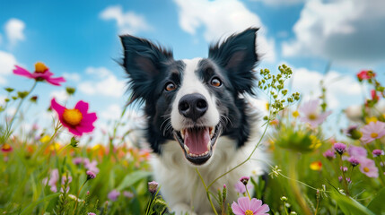 A cute border collie running in the colorful flowers