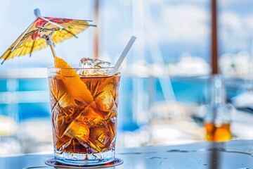 Cocktail with ice and umbrella on the background of the sea. Refreshing drink with ice and straw.