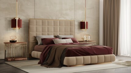 Minimalist modern bedroom interior in beige with a maroon bedspread, featuring brass accent nightstands and stylish contemporary lamps, showcasing trendy decor and elegant design.