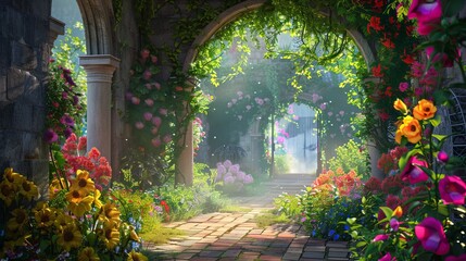 Fototapeta premium A sunlit brick pathway lined with colorful flowers, leading under charming vine-covered arches, creating a warm, inviting, serene garden ambiance.