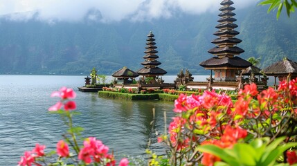 A picturesque Bali temple surrounded by lush greenery and vibrant flowers overlooking a reflective lake with majestic mountains in the background.
