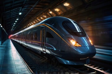 Fototapeta premium high-speed train racing against a beam of light in a dark-themed environment