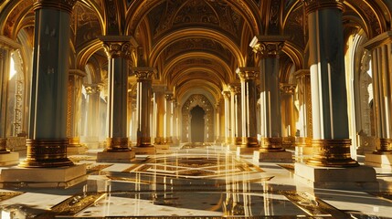 Fototapeta premium An expansive golden-lit hallway adorned with ornate marble columns and intricate archways, reflecting elegance, grandiosity, and historical artistic style.