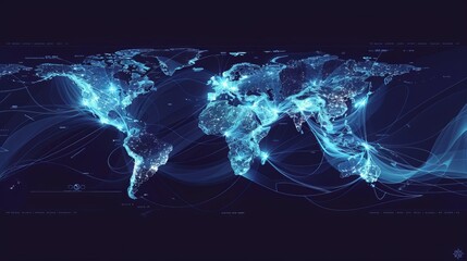 A digital map showcasing the interconnectedness of global networks through illuminated lines and nodes, representing communication and data transfer across the world.
